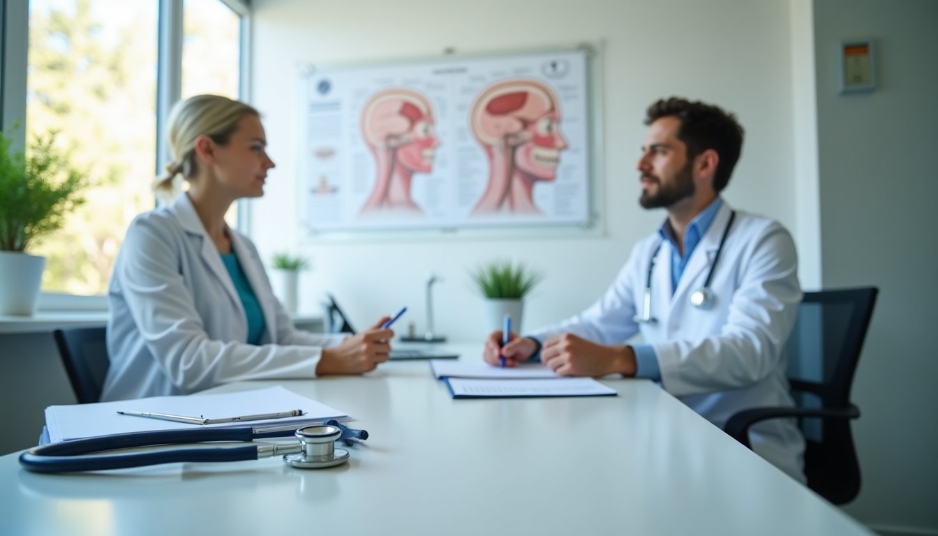 Consultório médico moderno com mesa, materiais de consulta neurológica e ambiente profissional