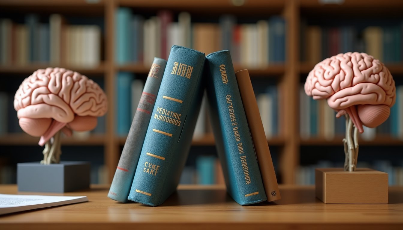Livros médicos de neurologia adulta e pediátrica organizados em estante profissional