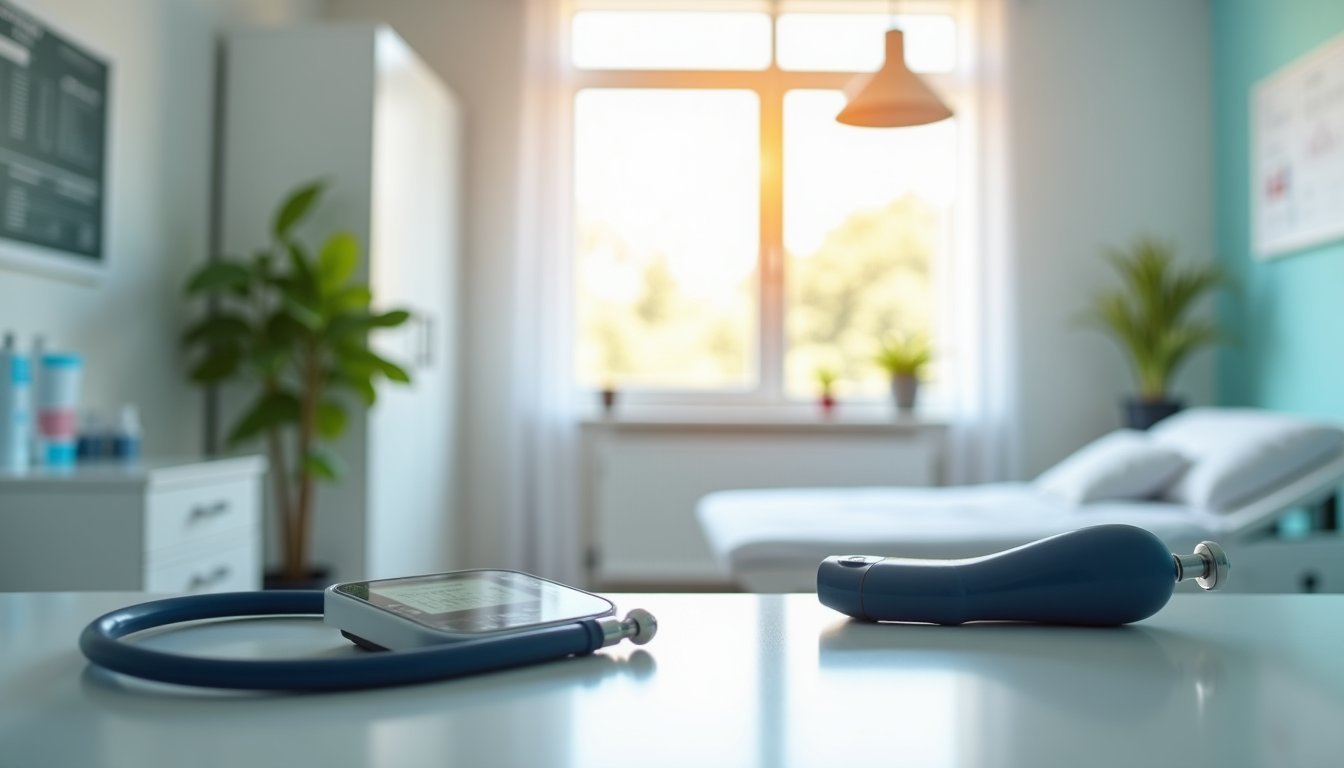 Consultório médico moderno e bem iluminado preparado para atendimento clínico geral, com mesa de exame e equipamentos médicos