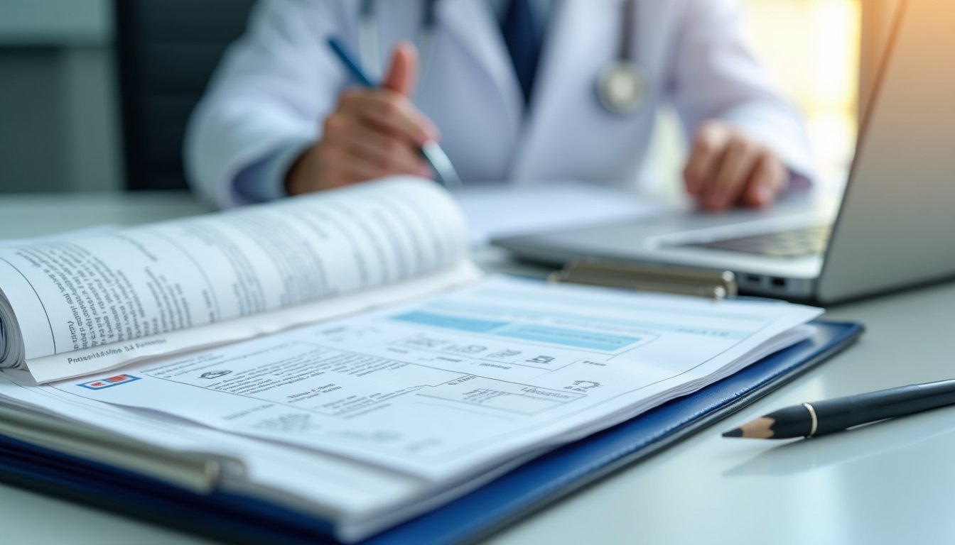 Documentos médicos organizados e prontuário preparado para consulta, representando a importância de levar exames anteriores e informações de saúde