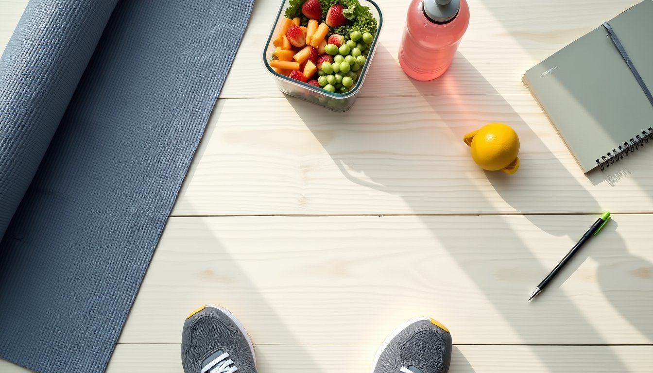 Composição vista de cima com itens de estilo de vida saudável incluindo alimentação balanceada e equipamentos de exercício