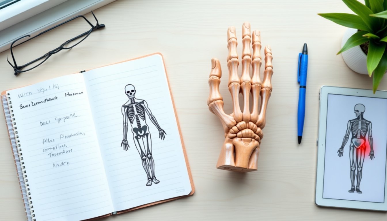 Modelo anatômico de articulações da mão sobre mesa de consulta médica com materiais de avaliação reumatológica