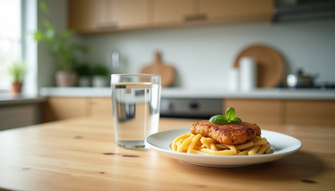 Copo de água e prato simples sobre mesa de madeira, representando cuidados com alimentação e saúde digestiva