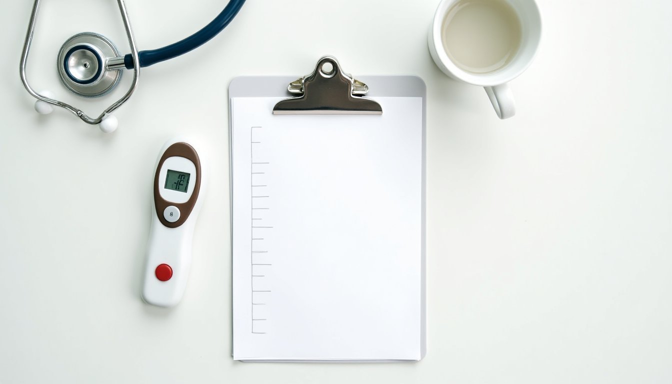 Composição flat lay com instrumentos médicos como estetoscópio, termômetro e prancheta, representando avaliação de sintomas abdominais