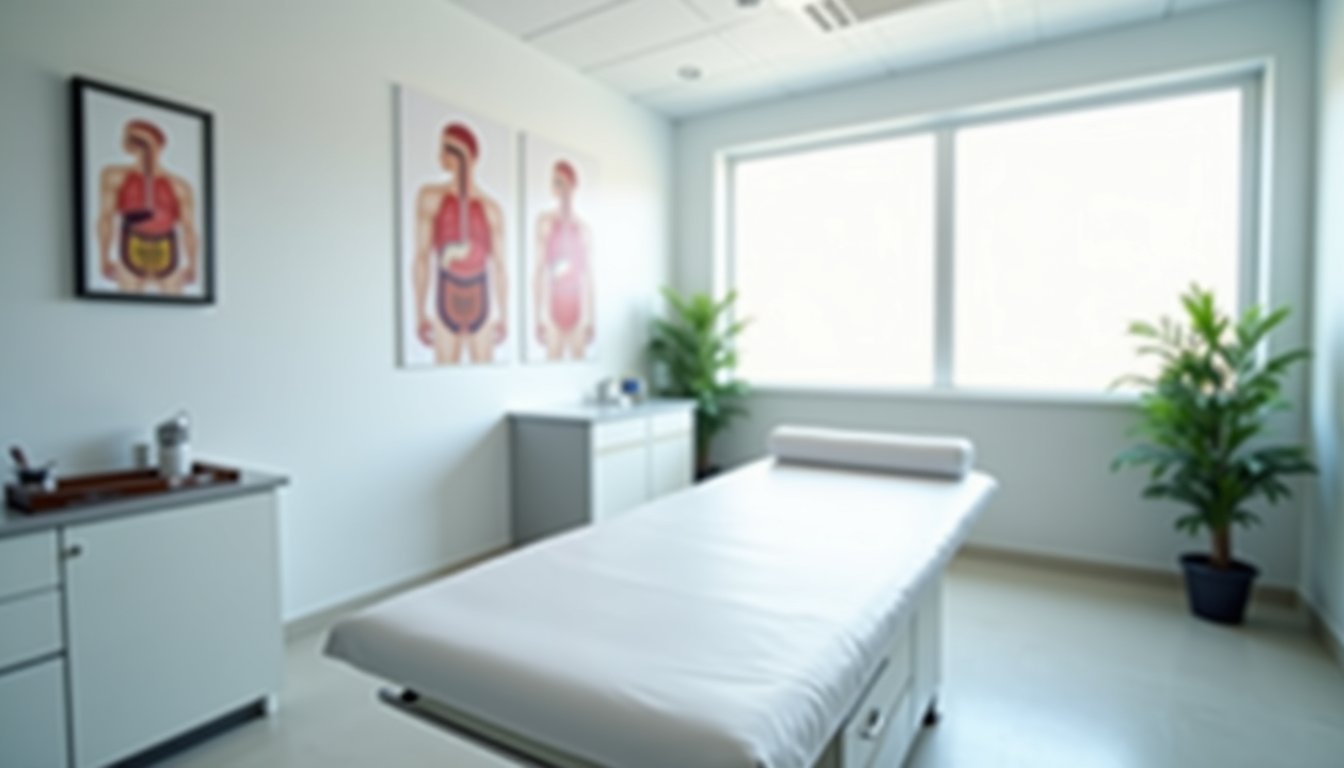 Sala de consulta médica moderna e iluminada com maca de exame e pôster do sistema digestivo na parede, ambiente de atendimento clínico