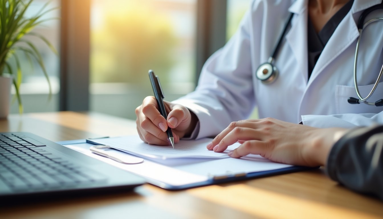Mãos de médica de jaleco branco anotando informações em prontuário durante consulta, representando avaliação clínica de sintomas abdominais