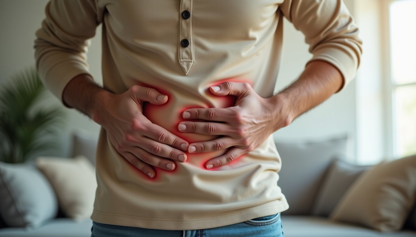 homem com as mãos sobre o abdômen em gesto indicando desconforto abdominal, representando dor de barriga e necessidade de avaliação médica