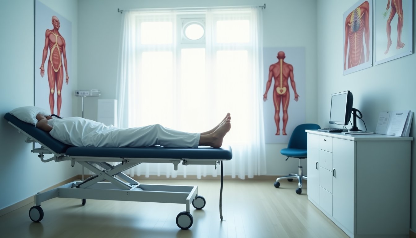 Sala de exame médico com maca e apoio para pernas elevadas, equipamento para avaliação de circulação sanguínea