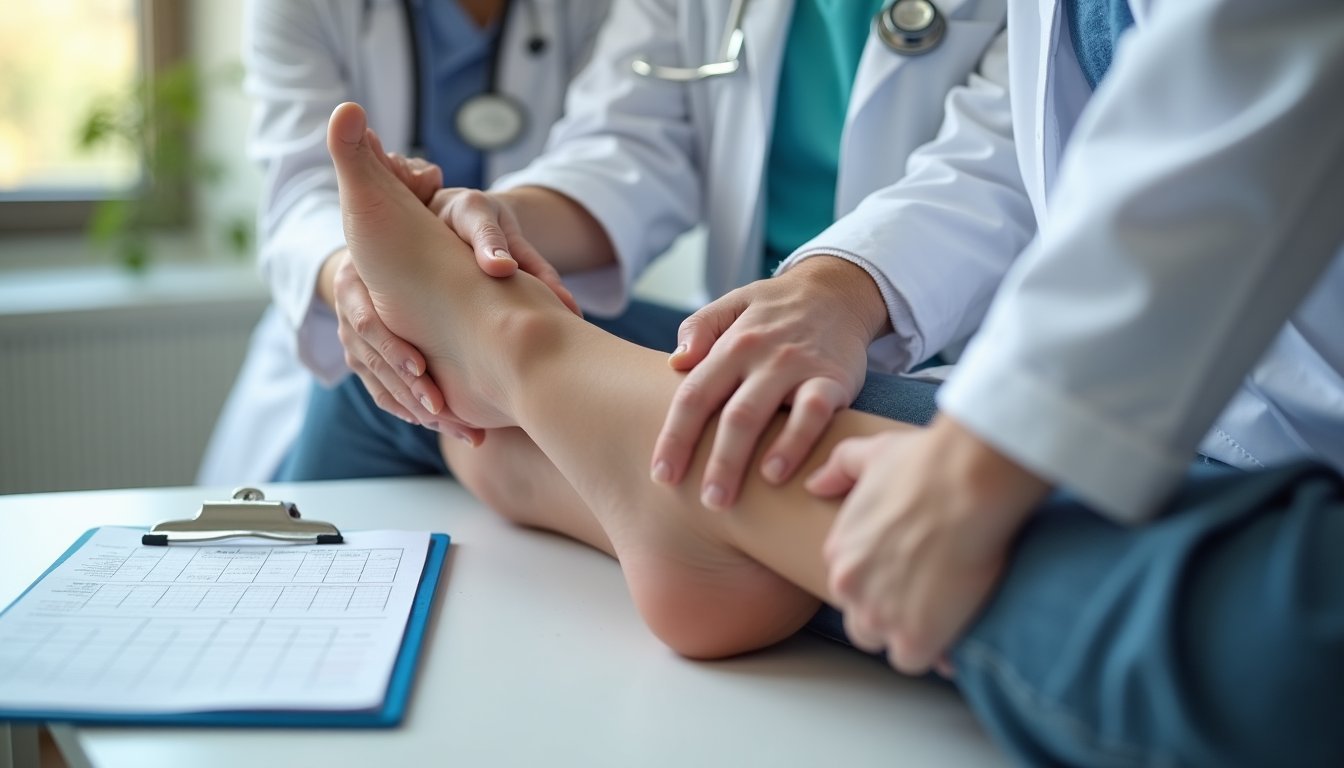 Mãos de médico examinando panturrilha e tornozelo de paciente, avaliação clínica de edema e circulação venosa