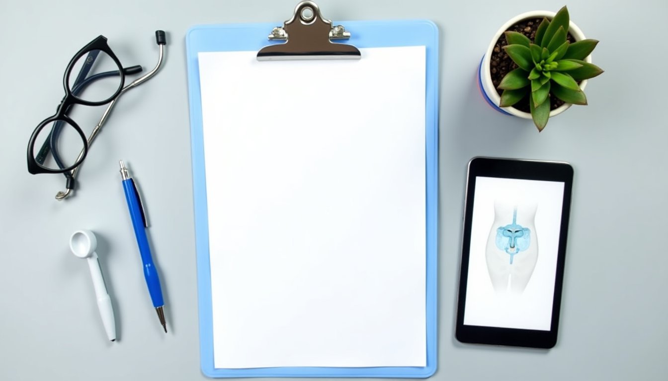 Vista superior de materiais de consulta médica organizados sobre mesa, incluindo formulário de avaliação e diagrama do trato urinário