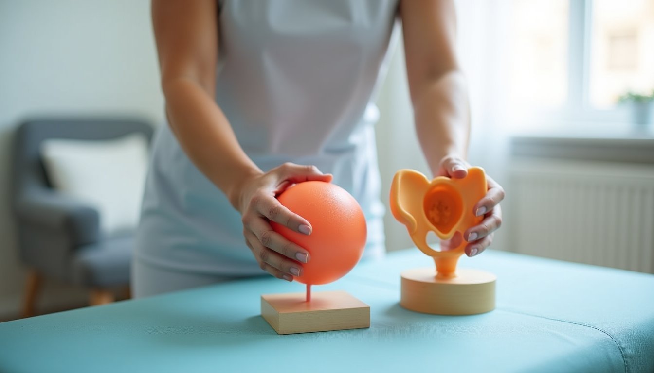 Mãos de fisioterapeuta demonstrando técnica de exercício para fortalecimento do assoalho pélvico com modelo anatômico e bola terapêutica