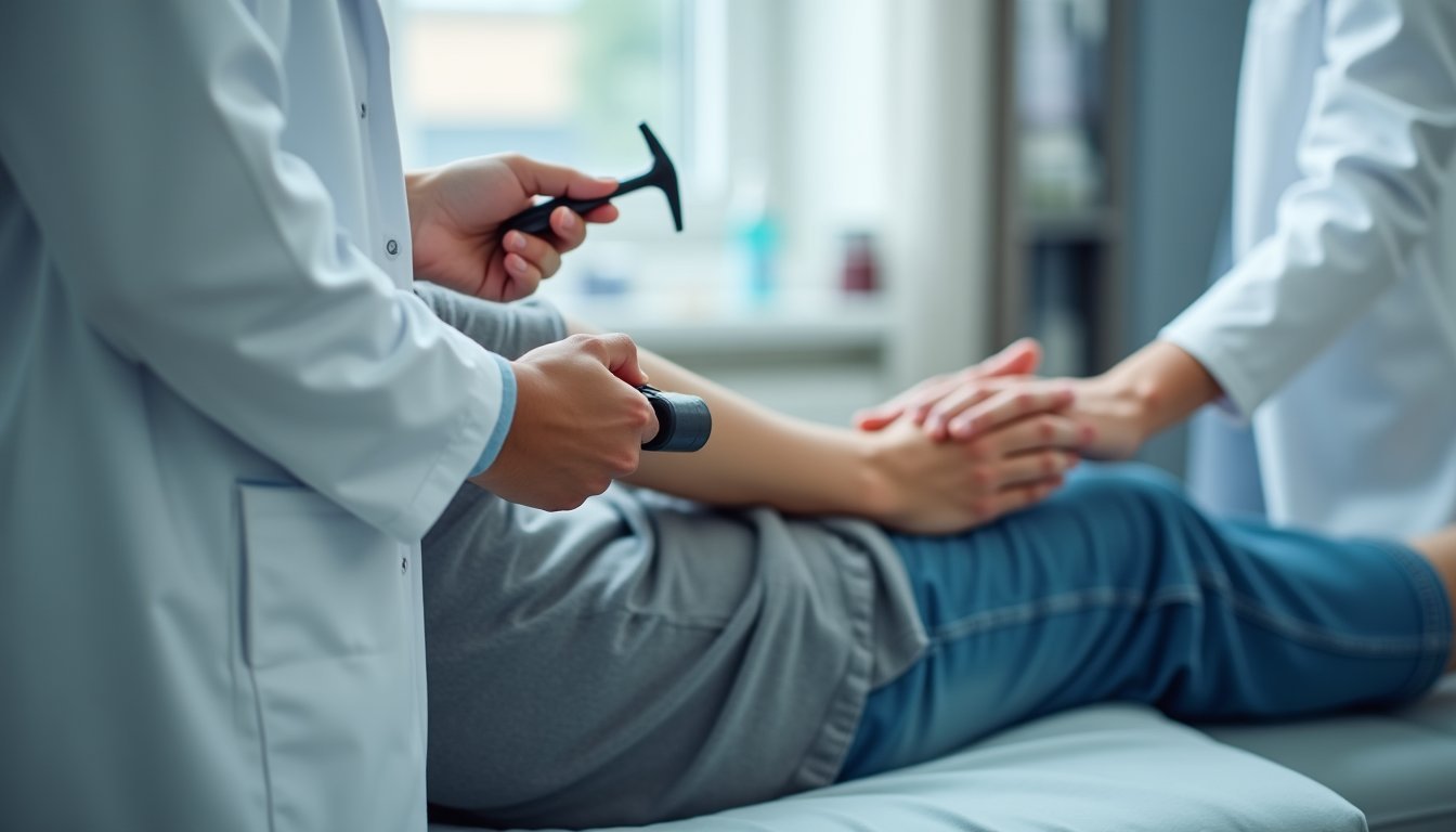 Médico neurologista realizando exame de reflexo com martelo em paciente durante consulta neurológica em ambiente clínico moderno