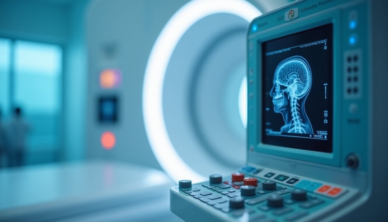Painel de controle de equipamento de ressonância magnética ou tomografia para exames neurológicos em ambiente hospitalar moderno