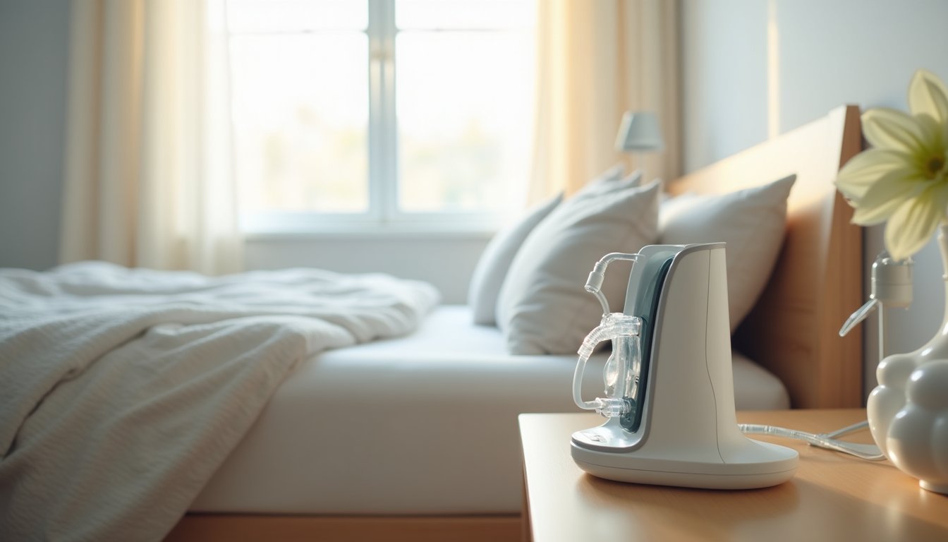 Aparelho de CPAP sobre criado-mudo ao lado de cama arrumada, equipamento para tratamento de apneia do sono em ambiente residencial