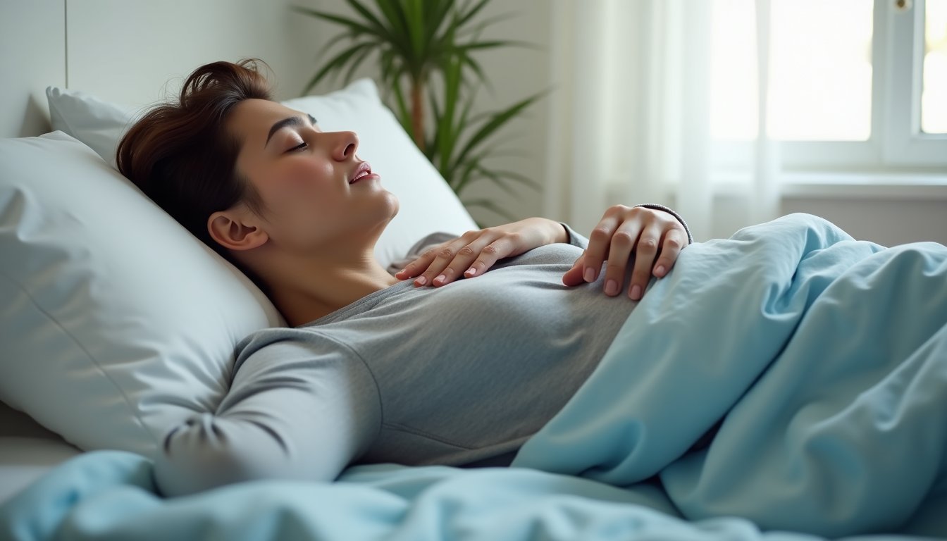 Pessoa deitada de lado na cama com mão no pescoço indicando dificuldade respiratória durante o sono, cenário de quarto com iluminação natural suave